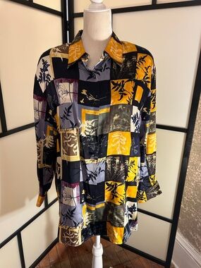 Button-Down Collage Print Blouse in Mustard and Navy